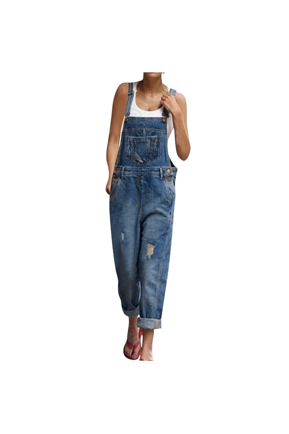 Womens Jean Bib Overalls Adjustable Straps Ripped Distressed Denim Pants Jumpsuit