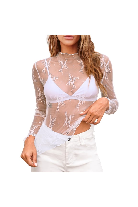 Womens Long Sleeve Sheer Lace Tops Mock Neck See Through Shirt Party Club Outfits Y2K Going Out Tops