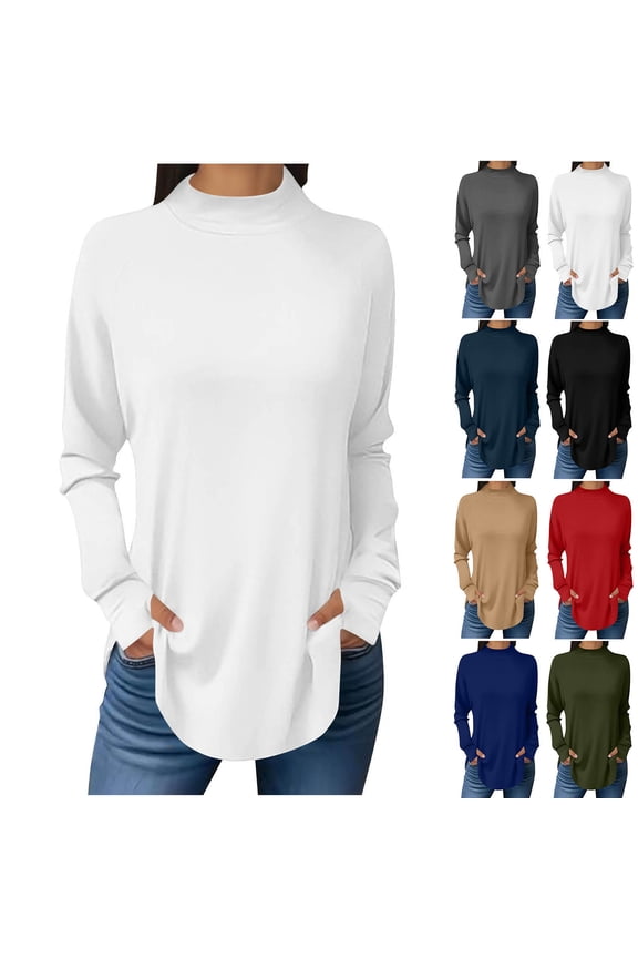 Womens Turtleneck Long Sleeve Shirts Casual Mock Neck Oversized Tops Summer Loose Fit Basic Tees with Thumbhole