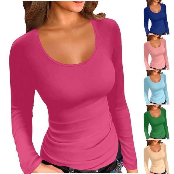 purcolt Womens Long Sleeve Shirts Crew Neck Solid Color Tops Casual Slim Fit Going Out Basics Tees