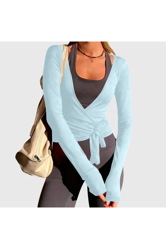 Womens Long Sleeve Tie Front Wrap Top Workout Yoga Ballet Shirt Slim Fit Cover Ups