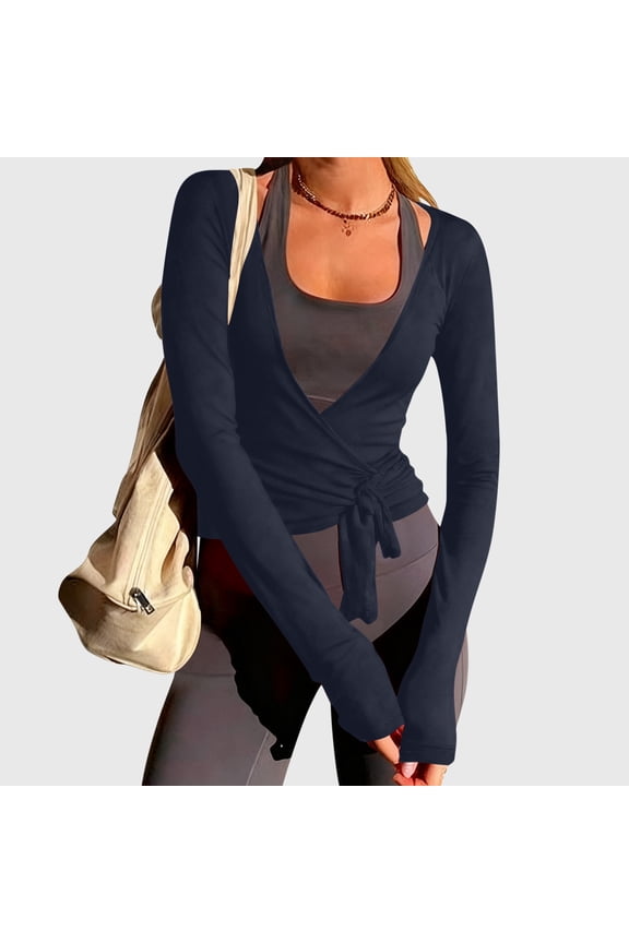 Womens Long Sleeve Tie Front Wrap Top Workout Yoga Ballet Shirt Slim Fit Cover Ups