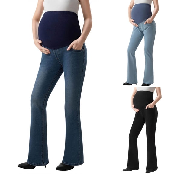 purcolt Womens Maternity Flared Jeans Over The Belly Pregnancy Denim Pants Casual Stretch Vintage Trousers with Pockets