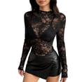 thumbnail image 1 of purcolt Womens Mesh Long Sleeve Tops Y2K Mock Neck Sheer Through Shirts Floral Embroidery Lace Blouses Going Out Tops, 1 of 5