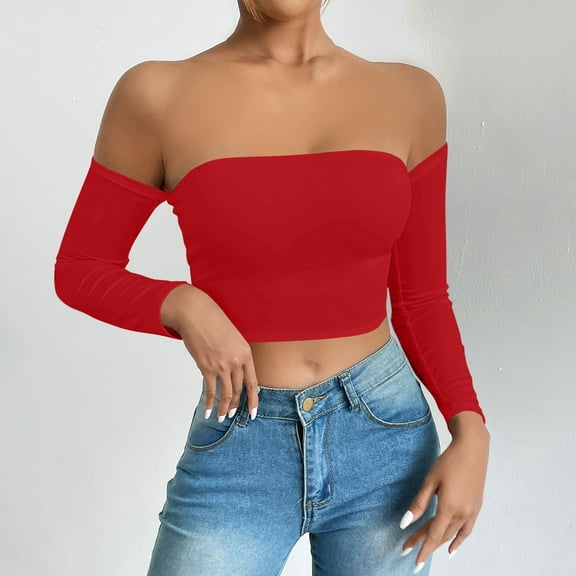 purcolt Womens Off Shoulder Crop Top Long Sleeve Bandeau Shirts Slim Fit Y2K Going Out Tops