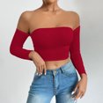 thumbnail image 1 of purcolt Womens Off Shoulder Crop Top Long Sleeve Bandeau Shirts Slim Fit Y2K Going Out Tops, 1 of 4