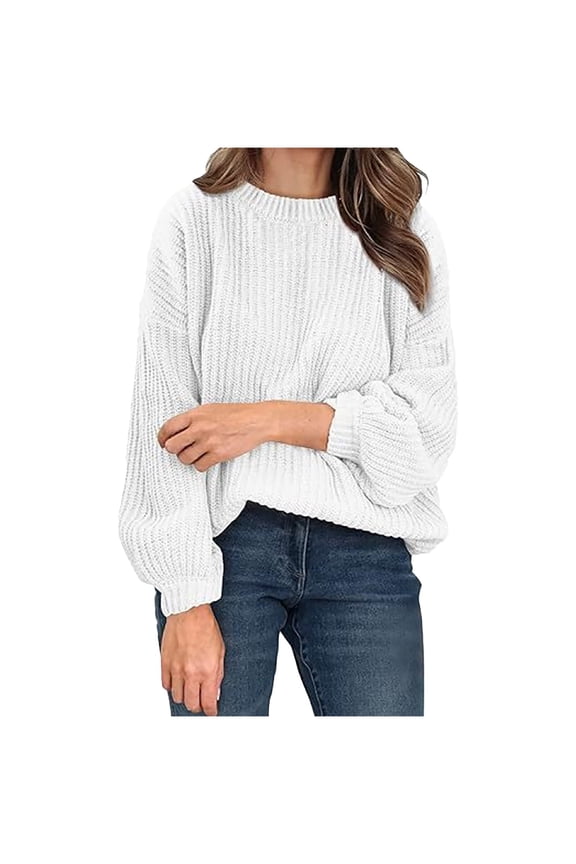 Womens Oversized Sweaters Ribbed Chunky Cable Knit Puff Long Sleeve Crewneck Pullover Sweaters Fall Winter Jumper Tops