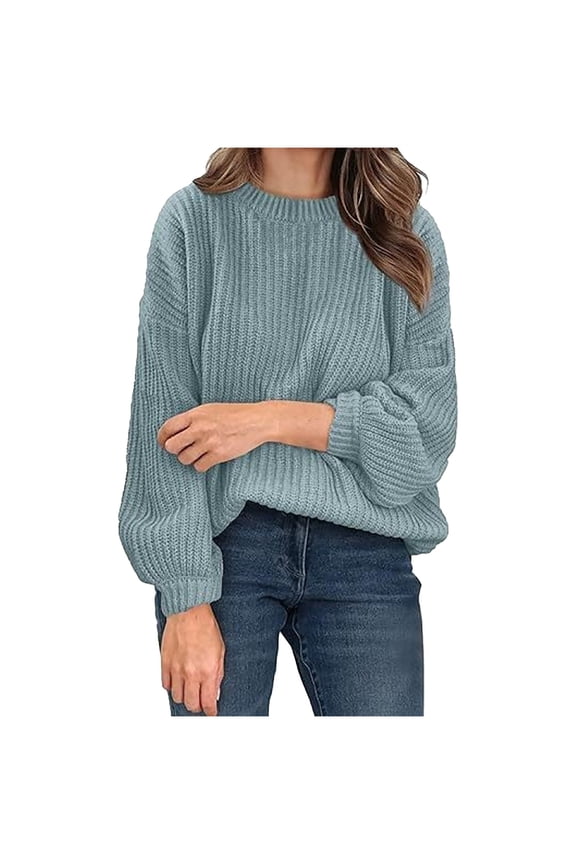 Womens Oversized Sweaters Ribbed Chunky Cable Knit Puff Long Sleeve Crewneck Pullover Sweaters Fall Winter Jumper Tops