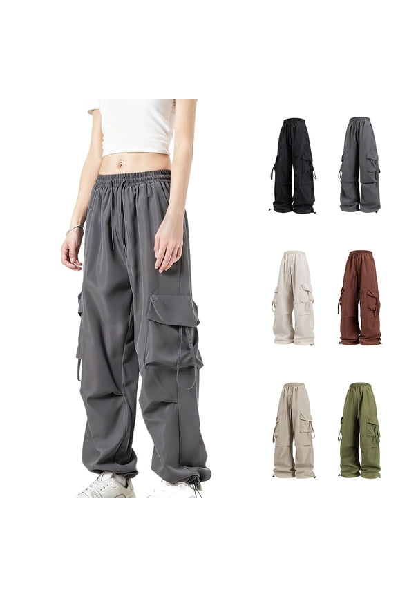 Womens Parachute Pants Elastic Waist Drawstring Hiking Cargo Pants Y2K Wide Leg Baggy Joggers Sweatpants Trousers