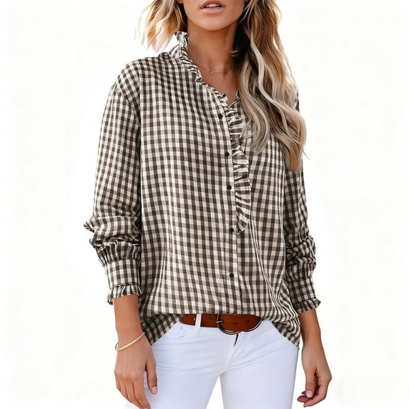 purcolt Womens Plaid Button Down Shirts Ruffle Collared V Neck Puff Long Sleeve Blouses Dressy Casual Business Work Checkered Trendy Tops