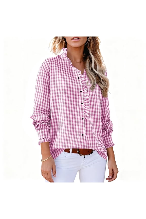 Womens Plaid Button Down Shirts Ruffle Collared V Neck Puff Long Sleeve Blouses Dressy Casual Business Work Checkered Trendy Tops
