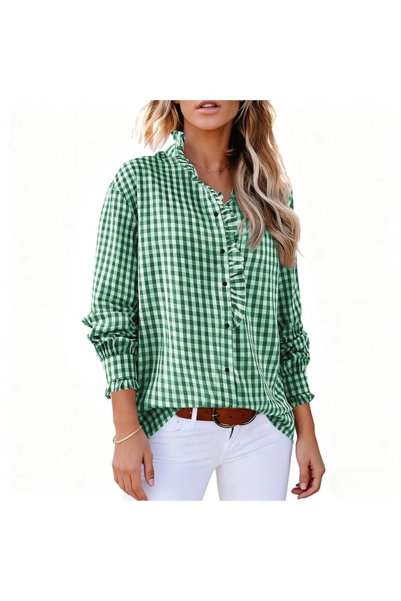 Womens Plaid Button Down Shirts Ruffle Collared V Neck Puff Long Sleeve Blouses Dressy Casual Business Work Checkered Trendy Tops