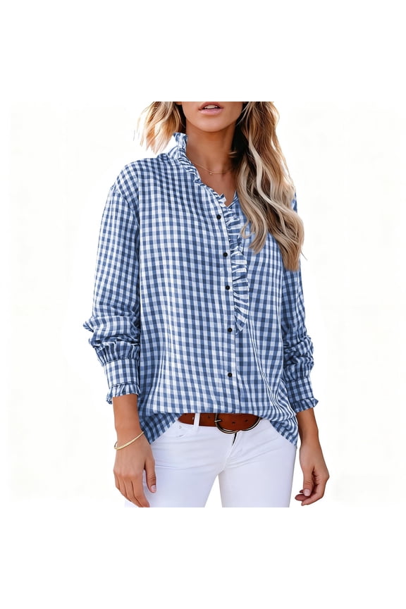 Womens Plaid Button Down Shirts Ruffle Collared V Neck Puff Long Sleeve Blouses Dressy Casual Business Work Checkered Trendy Tops
