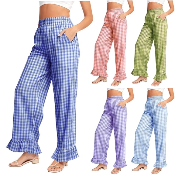purcolt Womens Plaid Pajama Pants Casual Lightweight Pjs Bottoms Elastic Waist Ruffled Hem Comfy Lounge Pants Sleepwear with Pockets