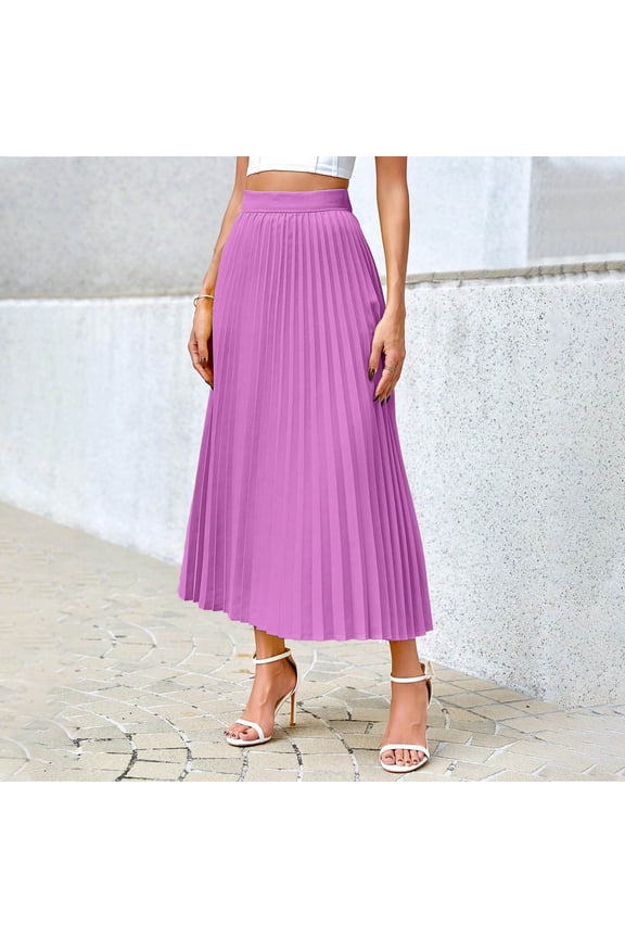 Womens Pleated Midi Skirts Elastic High Waisted Swing Skirt Work Office Casual Skirt