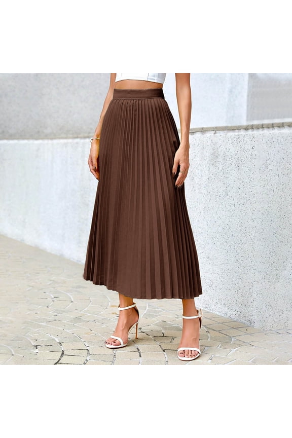 Womens Pleated Midi Skirts Elastic High Waisted Swing Skirt Work Office Casual Skirt