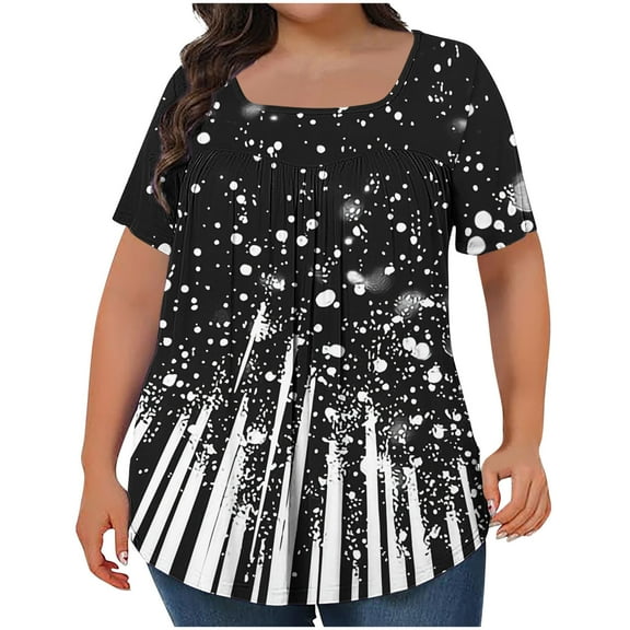 purcolt Womens Plus Size Floral Print Boho Pleated T-Shirts Short Sleeve Square Neck Tunic Tops Dressy Casual Loose Soft Blouses 1X-5X