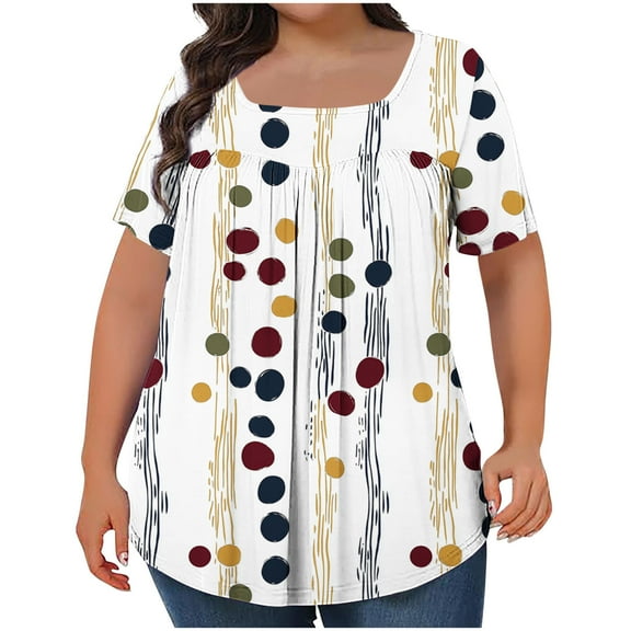 purcolt Womens Plus Size Floral Print Boho Pleated T-Shirts Short Sleeve Square Neck Tunic Tops Dressy Casual Loose Soft Blouses 1X-5X