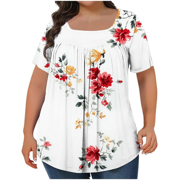 purcolt Womens Plus Size Floral Print Boho Pleated T-Shirts Short Sleeve Square Neck Tunic Tops Dressy Casual Loose Soft Blouses 1X-5X