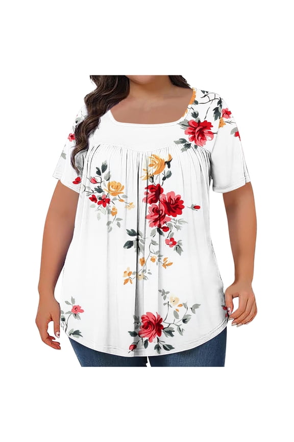 Womens Plus Size Floral Print Boho Pleated T-Shirts Short Sleeve Square Neck Tunic Tops Dressy Casual Loose Soft Blouses 1X-5X