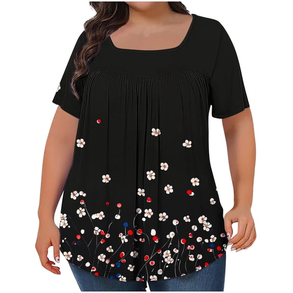 purcolt Womens Plus Size Floral Print Boho Pleated T-Shirts Short Sleeve Square Neck Tunic Tops Dressy Casual Loose Soft Blouses 1X-5X
