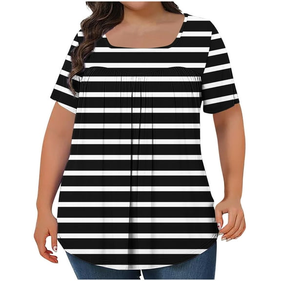 purcolt Womens Plus Size Floral Print Boho Pleated T-Shirts Short Sleeve Square Neck Tunic Tops Dressy Casual Loose Soft Blouses 1X-5X