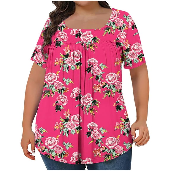 purcolt Womens Plus Size Floral Print Boho Pleated T-Shirts Short Sleeve Square Neck Tunic Tops Dressy Casual Loose Soft Blouses 1X-5X