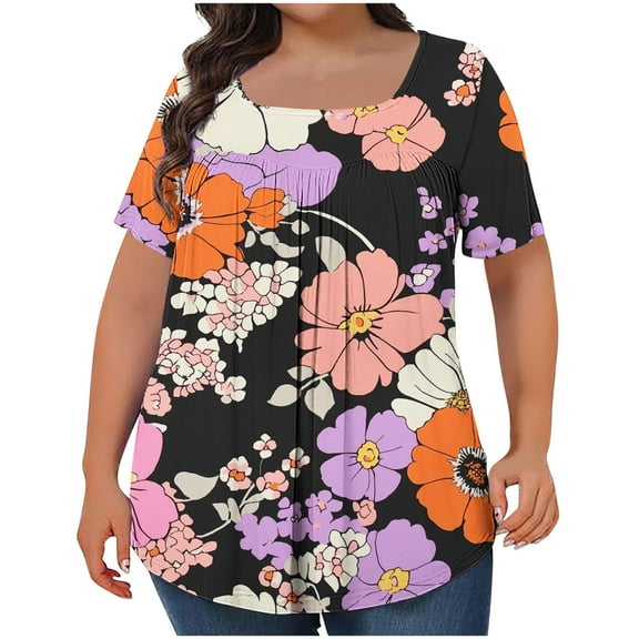 purcolt Womens Plus Size Floral Print Boho Pleated T-Shirts Short Sleeve Square Neck Tunic Tops Dressy Casual Loose Soft Blouses 1X-5X