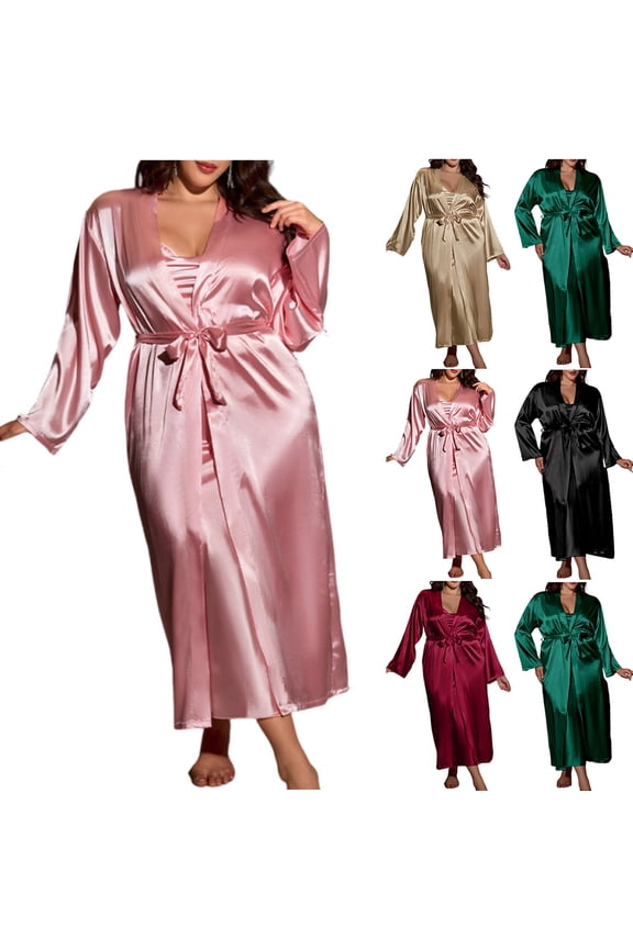 Womens Plus Size Silky Satin Robe Set Soft Sleepwear 2 Piece Long Bathrobe with Cami Dress for Bride Bridesmaid Wedding Party, XL-5XL
