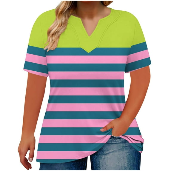 purcolt Womens Plus Size Tops Striped Color Block Short Sleeve V Neck T Shirts Graphic Tees Summer Casual Loose Tunic Blouses, XL-5X