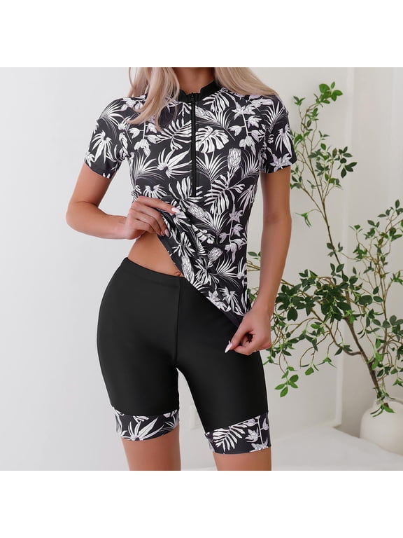 Womens Rash Guard 2 Piece Short Sleeve Swim Shirt with Shorts Swimsuit Surfing Wetsuit Bathing Suit