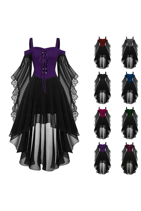 Womens Renaissance Gothic Witch Medieval Steampunk Dress Halloween Costume Cosplay Vintage Cold Shoulder Sheer Mesh Gowns Lace Up High Low Long Maxi Dress