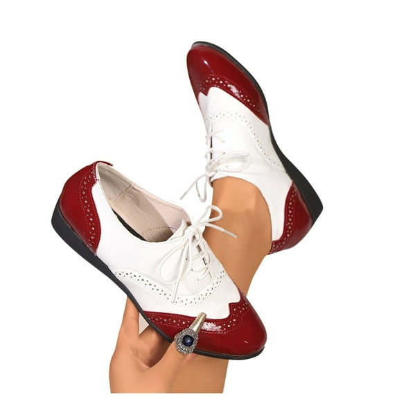 Purcolt Women's Saddle Shoes Faux Patent Leather Two-Tone Vintage Brogue Low Heel Wedge Lace-Up Casual Shoes