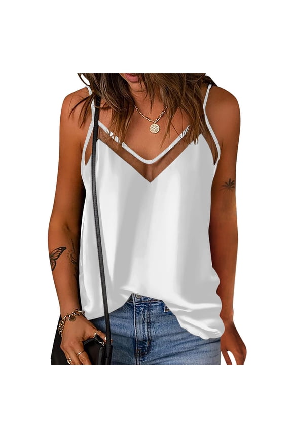 Womens Satin Camisole Tops Spaghetti Straps Mesh V-Neck Tank Tops Sleeveless Loose Tunic Shirt
