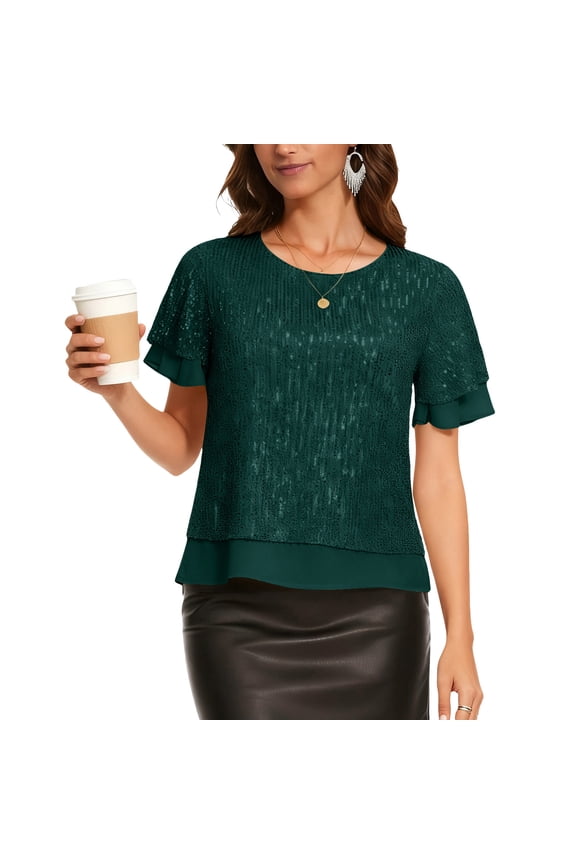 Womens Sequin Crop Tops Crew Neck Ruffled Short Sleeve Shirts Party Club Concert Outfits