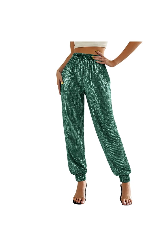 Womens Sequin Joggers High Waisted Glitter Sweatpants Sparkly Trousers Evening Party Clubwear