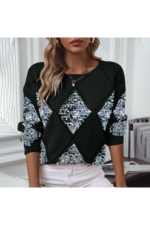 Womens Sequin Sweaters Long Sleeve Hollow Cable Knit Sweater Tops Crew Neck Loose Casual Crochet Pullover Tops