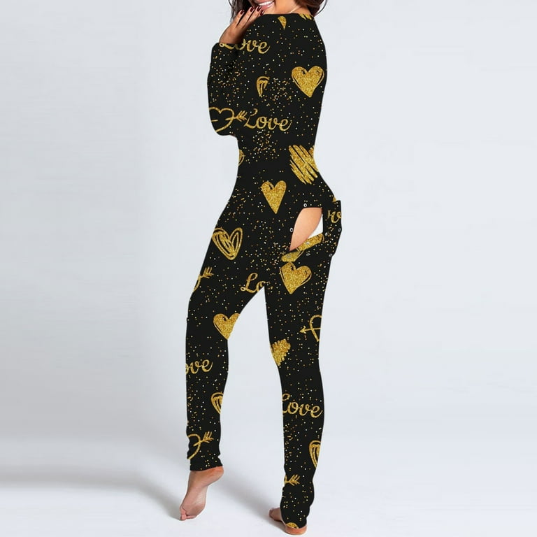 purcolt Womens Sexy Print Onesies Butt Flap Pajamas Ladies Deep V Neck Long Sleeve Button down Front Functional Jumpsuit Sleepwear Autumn Winter Plus Size Rompers Bodycon Nightwear Gold XXXL Walmart.c...