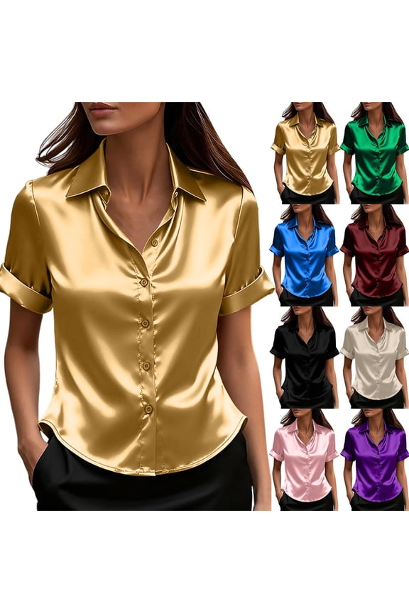 Womens Short Sleeve Button Down Shirts Slim Fit Smooth V Neck Collared T Shirts Basic Tunic Crop Tops Formal Work Office Blouses