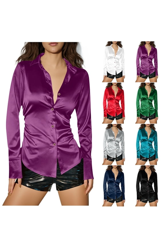 Womens Silk Satin Shirts Long Sleeve Slim Fit Ruched Collared Button Down Shirts Dressy Casual Business Office Work Blouses