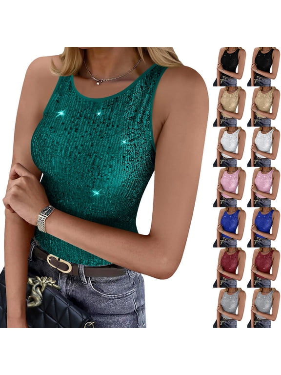 Womens Sparkly Sequin Tank Top Sleeveless Crewneck Slim Fit Crop Tops Shiny Glitter Going Out Tops for Cocktail Evening Party