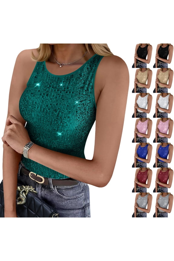 Womens Sparkly Sequin Tank Top Sleeveless Crewneck Slim Fit Crop Tops Shiny Glitter Going Out Tops for Cocktail Evening Party