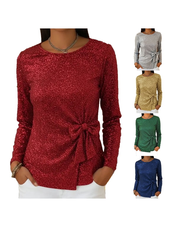 Womens Sparkly Sequin Tops with Bow, Dressy Casual Crew Neck Glitter Long Sleeve Shirts for Cocktail Club Party