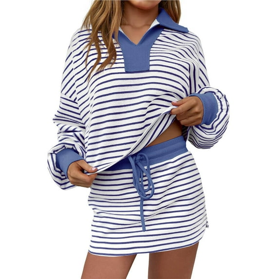 purcolt Womens Striped 2 Piece Outfits Casual Sweatshirt Skirt Set Long Sleeve Skort Workout Running Matching Lounge Sets