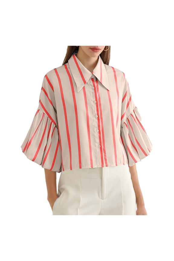 Womens Stripes Button Down Shirts Puff 3/4 Sleeve Crop Tops Dressy Casual Collared Office Work Blouses
