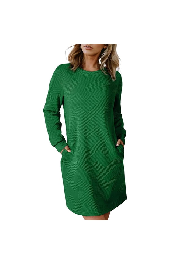 Womens Sweatshirt Dresses Crewneck Long Sleeve Textured Shift Dresses Trendy Girls Pullover Tops with Pockets