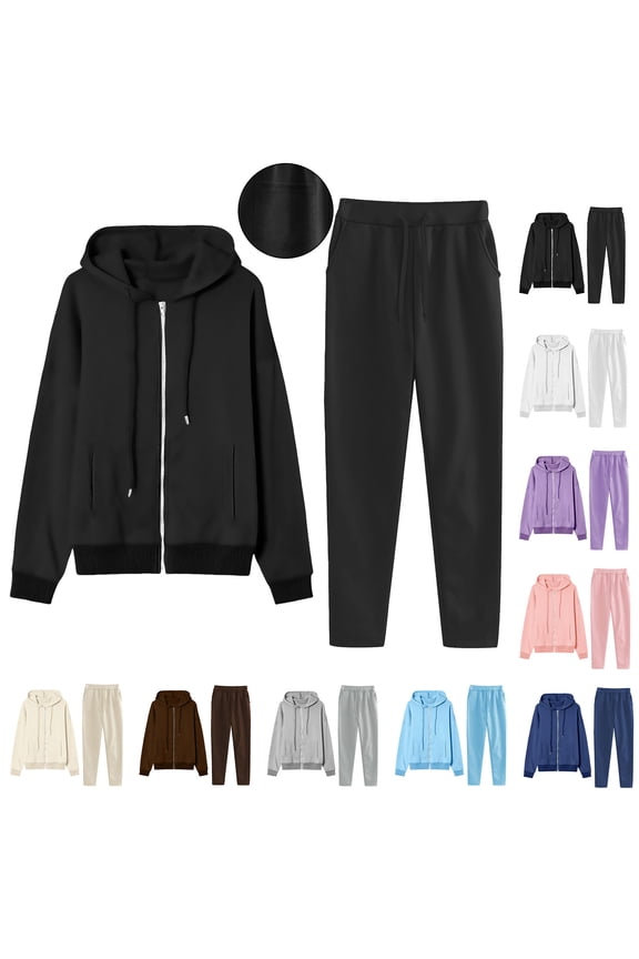 Womens Sweatsuits 2 Piece Set Fleece Flannel Tracksuits Zip Up Hooded Sweatshirt Jacket Tops and Jogger Pants Winter Warm Matching Sweat Sets Lounge Sets