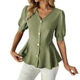 thumbnail image 1 of purcolt Womens Tops Puff Short Sleeve V Neck Peplum Hem Button Down Shirts Elegant Blouses for Casual Work Office, 1 of 7
