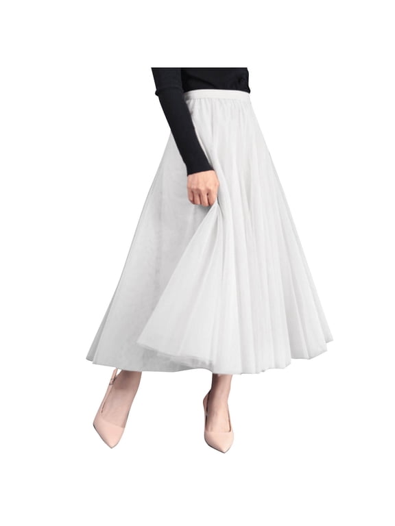Womens Tulle Skirt High Waisted Pleated Midi Skirt Mesh Layered A Line Swing Skirt