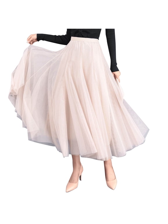 Womens Tulle Skirt High Waisted Pleated Midi Skirt Mesh Layered A Line Swing Skirt